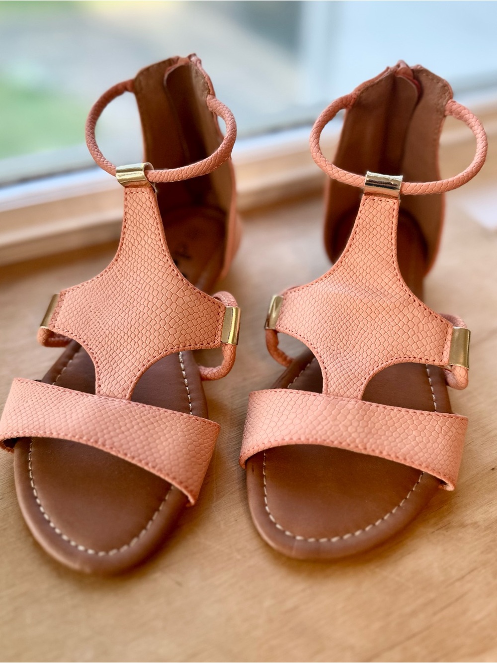 Coral Peach Sandals with Gold Accents